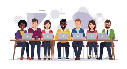 Diverse Team Collaboration: People Working Together on Laptops at a Long Table in a Modern Workspace