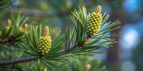 This is a close-up photograph of a pine tree branch, capturing the fine details of its green needles and budding cones. The image focuses on two small, green, cylindrical pine cones, each topped with 