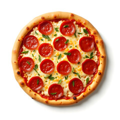 Perfectly Isolated Whole Pepperoni Pizza with Fresh Herbs on a White Background, Top View Classic Studio Shot of a Complete Round Pepperoni and Mozzarella Pie with Golden Crust