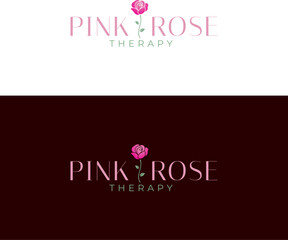 Elegant logo design featuring a pink rose flower with modern typography and a green therapy tagline, symbolizing care, beauty, and wellness.  Editable Vector File
