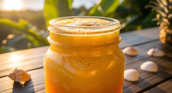 Refreshing Tropical Juice in Glass with Seashells on Rustic Wooden Table, Tropical Sunset - Powered by Adobe