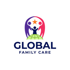 Colorful logo design featuring a family with a globe and star symbol, representing global unity, family care, love, and community support. Editable Vector File
