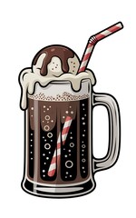 Cartoon Illustration of a Root Beer Float with Straw