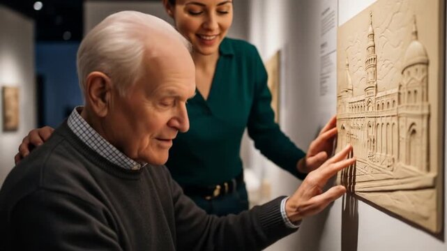 Elderly man and young woman exploring a tactile art exhibit, engaging with textured wall sculptures in a gallery