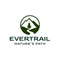 Outdoor adventure and nature logo featuring a circular design with a mountain, a pine tree, and a winding trail, symbolizing hiking and exploration. Editable Vector File
