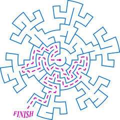 The snowflake labyrinth. Easy difficulty puzzle. Find the way to the center of the maze. Creative Christmas flat game related to frost, winter, new year, christmas. Simple vector style