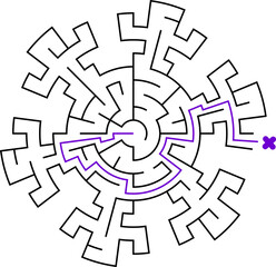 The snowflake labyrinth. Easy difficulty puzzle. Find the way to the center of the maze. Creative Christmas flat game related to frost, winter, new year, christmas. Simple vector style