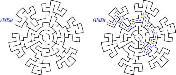The snowflake labyrinth. Easy difficulty puzzle. Find the way to the center of the maze. Creative Christmas flat game related to frost, winter, new year, christmas. Simple vector style