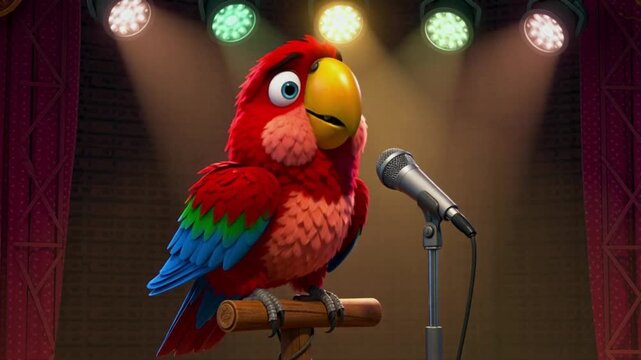 Animated red parrot singing into a microphone under stage lights, perfect for comedy clips, kids shows, or animal talent videos