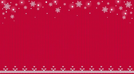 Red winter knitted background with falling snowflakes and white ornament. Christmas card template