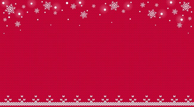 Red winter knitted background with falling snowflakes and white ornament. Christmas card template