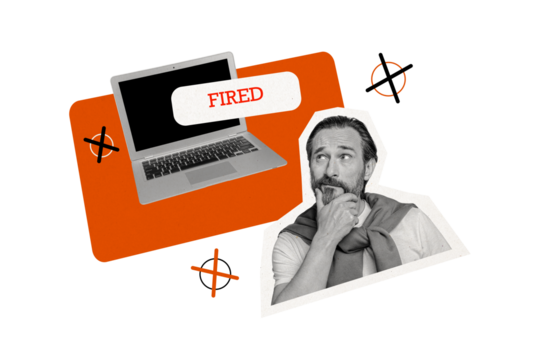 Composite photo collage of minded man fired concept laptop notification problem dismissal jobless isolated on painted background