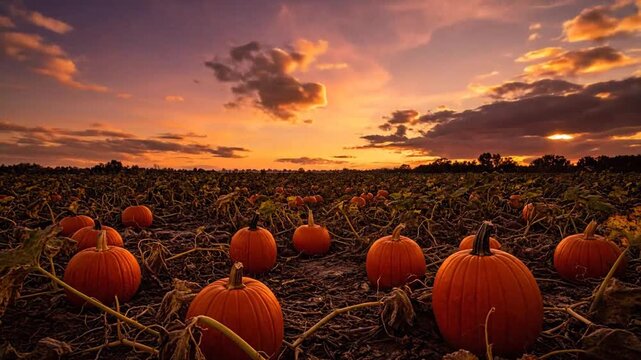 Pumpkin Field at Sunset &ndash; Wide cinematic shot of a pumpkin patch glowing orange under a dramatic golden-hour sky, with lens flares and drifting clouds