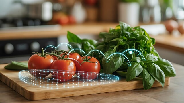 Fresh Tomatoes and Basil with Digital Data Overlay