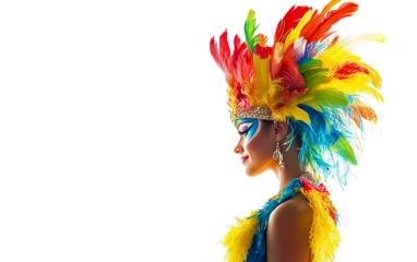 Portrait of a samba dancer wearing a brightly colored costume with festive feathers isolated on transparent background PNG