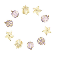 Watercolor Christmas round frame. Frame with space for text. Christmas elements, Christmas balls, stars, and gifts. Gold and purple colors.