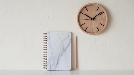 Minimalist desk setup with wooden clock and marble notebook