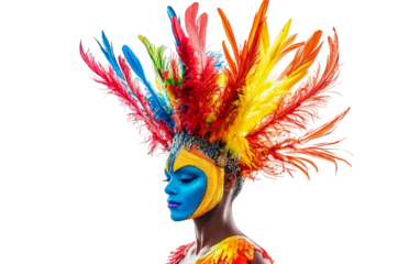 Decorative portrait of a samba dancer showcasing colorful feathers and cultural energy isolated on transparent background PNG