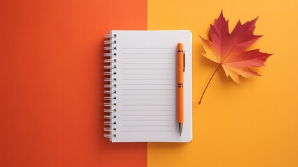 Open Notebook with Orange Pen and Autumn Maple Leaf