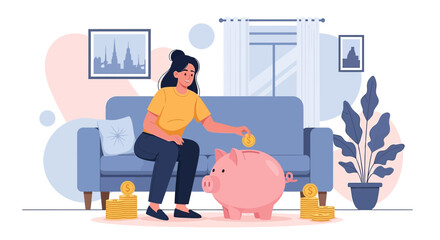 Illustration of a woman saving money with a piggy bank in a cozy living room setting depicting