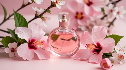 Perfume bottle surrounded by pink hibiscus flowers