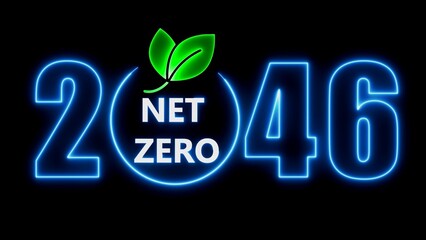 Net zero goal reached by 2046 with eco friendly green leaf icon on dark black background