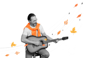 Composite photo collage of happy man guitarist play acoustic guitar autumn fall event composer note leaves isolated on painted background