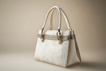 Frosted cream handbag with matte metal accents on a subtle beige background 