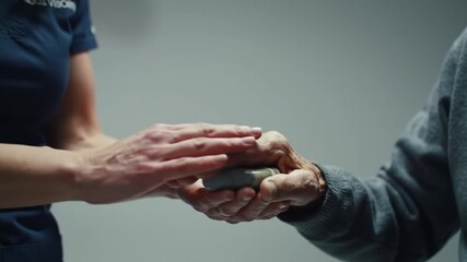 Caring medical professional gently holds the hand of an elderly patient in a clinical setting, conveying compassion - Powered by Adobe