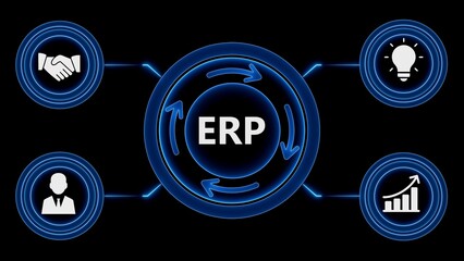 Erp system diagram illustrating concepts like business development and company growth on black background