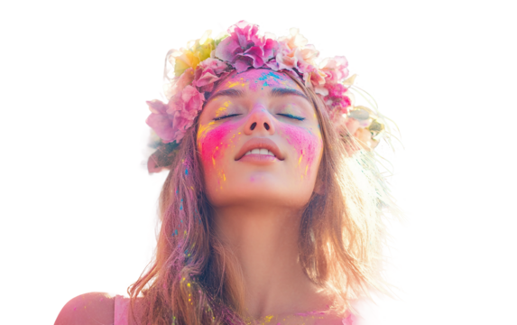 Young woman captured in portrait adorned with decorative flower crown and natural beauty isolated on transparent background PNG - Powered by Adobe