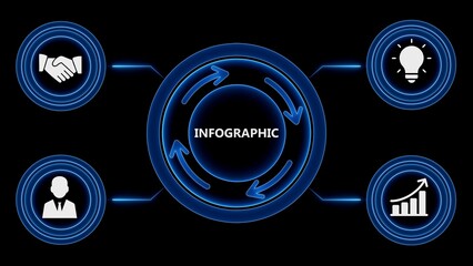Business infographic template in neon blue with connected circular diagrams and icons on black background