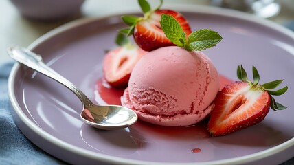 Pink Strawberry Ice Cream Scoop with Fresh Strawberries