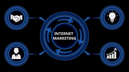 Internet marketing concept illustrated with circular process icons and blue neon graphic