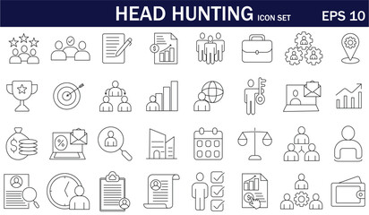 Head hunting icon set in line style. Recruitment, HR, hiring, job search, business and career icons for web, apps, presentations, and infographics.