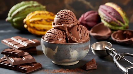 Rich Chocolate Ice Cream with Cacao Pods and Chocolate Bars