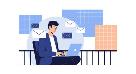 Man working on laptop receiving emails, business professional communicating online with modern