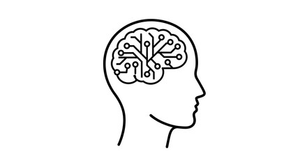 Human head silhouette with circuit board brain symbol