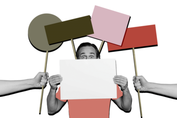 Composite trend sketch photo collage of hand hold placard picket vote  politics protest man leader eyes peek watch banner empty space