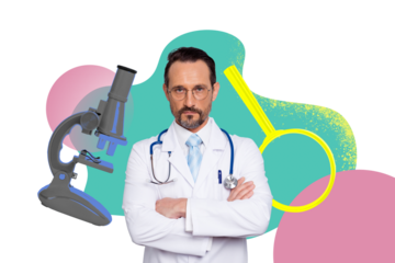 Composite photo collage of serious man doctor crossed arms wear robe laboratory equipment microscope lens isolated on painted background
