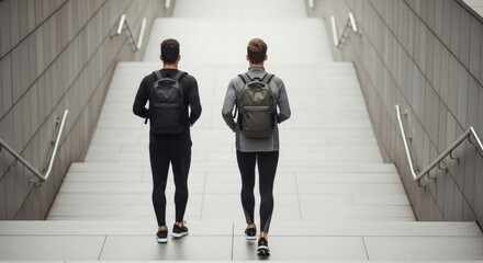 Rear view of athletic couple in sportswear climbing city stairs during outdoor workout. Two men with backpacks exercising together in modern urban setting.