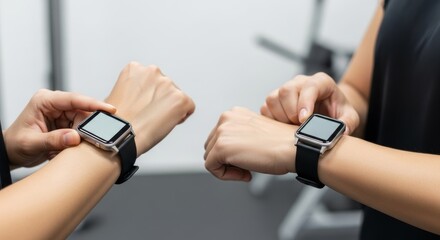 A fitness couple training in a gym, using smartwatches to track progress, creating a modern and tech-savvy atmosphere with a sleek, minimalist style.