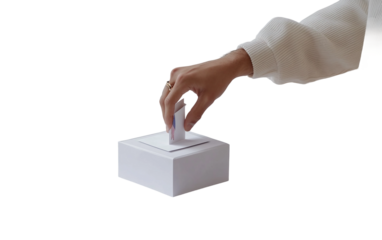 Close up of a male hand submitting a voting ballot in democratic process illustration isolated on transparent background PNG