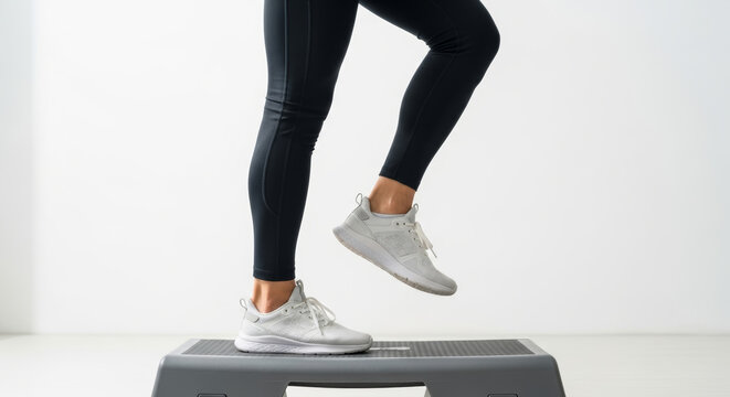 A close-up shot of a woman's legs in black leggings and white sneakers performing a step-up exercise on a gray platform, focusing on fitness, training, and lower-body workout.