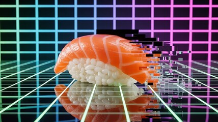 Salmon sushi dissolving into digital pixels food technology