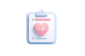 A 3D rendering of a medical clipboard showcasing a pink heart symbol with an EKG line, representing healthcare and cardiology services. 