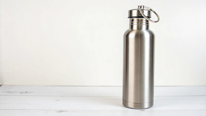 Durable stainless steel thermos bottle with its cap secured, emphasized by ample negative space and bright lighting.