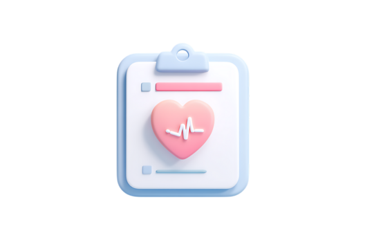 A 3D rendering of a medical clipboard showcasing a pink heart symbol with an EKG line, representing healthcare and cardiology services.
