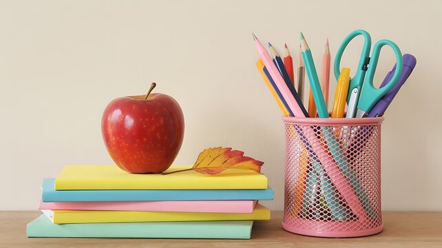 Stack of Books with Apple and School Supplies education