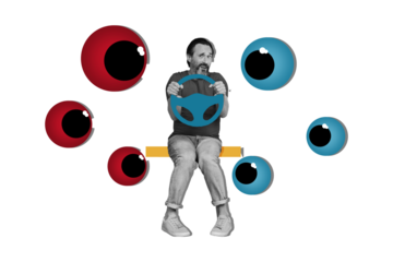 Creative collage picture mature man driver car steering wheel hold espionage watch superintendence eyeballs drawing background